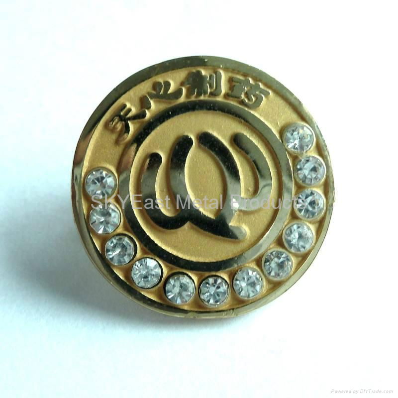 Gold metal pin badge with rhinestones 3
