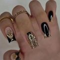 Glue on Nails Bevel Edge French Tip False Nails with Glue Gold Square Glitter 