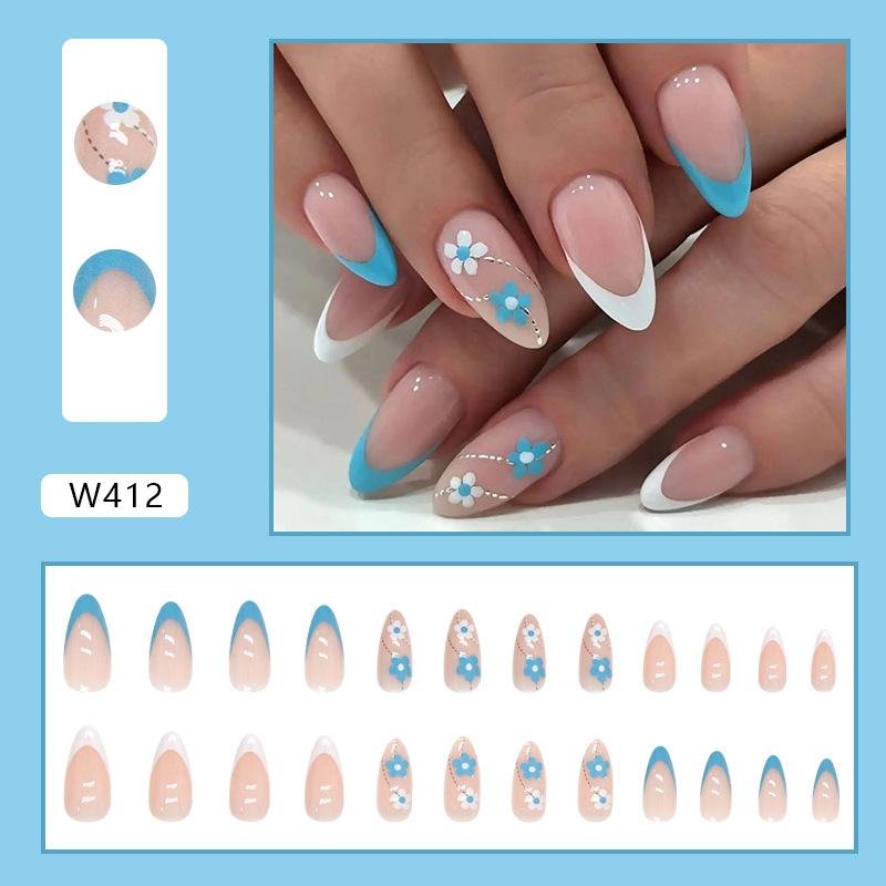 Wearable Nails Fresh Blue Flowers Press On Nails Fake Nails For Girls  2