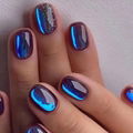 Fake Nails with Aurora Galaxy Blue Design, Full Cover Reusable Coffin Shaped  1