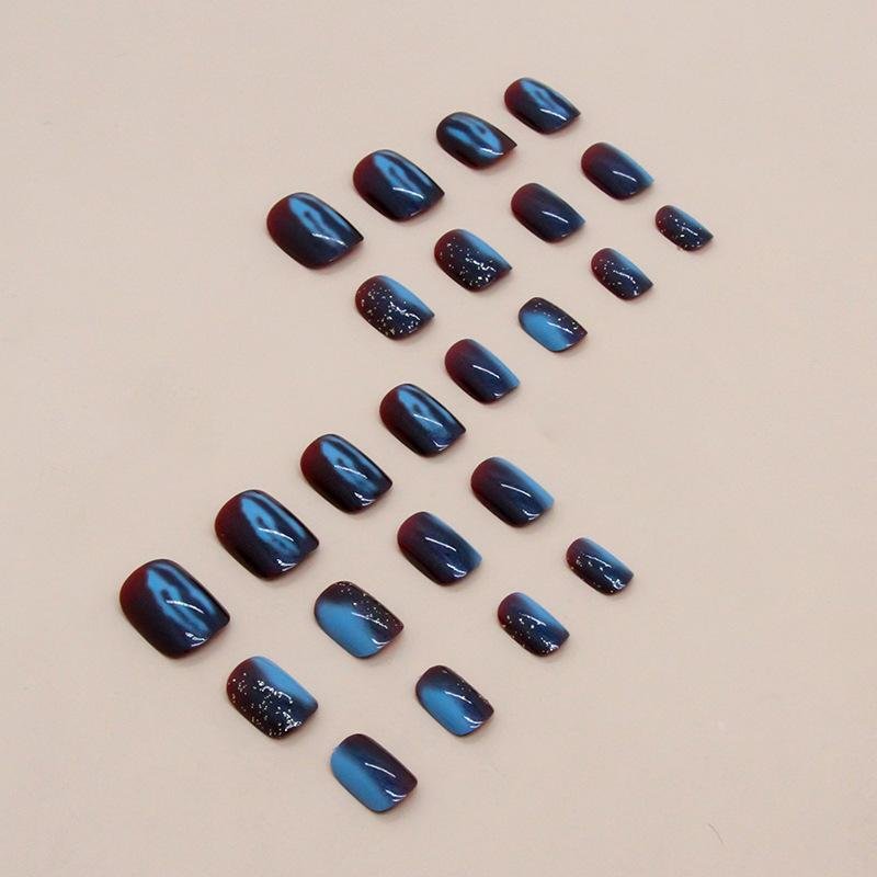 Fake Nails with Aurora Galaxy Blue Design, Full Cover Reusable Coffin Shaped  3
