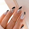 Black White Almond Artificial Acrylic Fake Nails with Black Gold Line