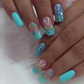 Blue Butterfly Coffin Medium Fake Nails Acrylic Glue On Nails For Womens 