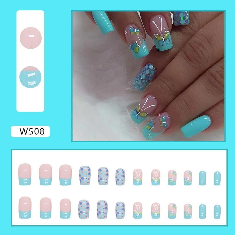 Blue Butterfly Coffin Medium Fake Nails Acrylic Glue On Nails For Womens  2