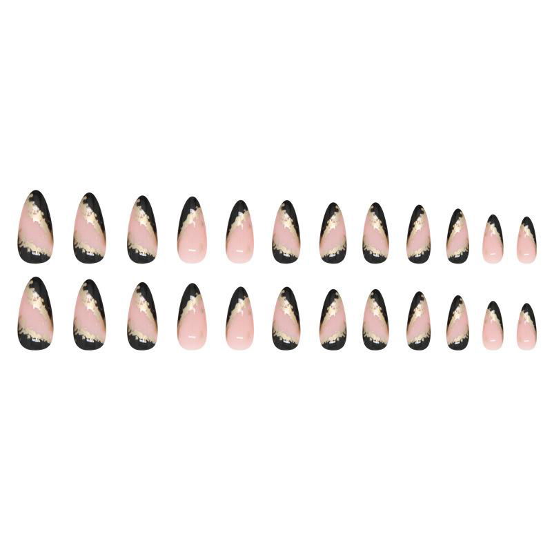 Gold Foil Black Oval Fake Nails Press On Nails  5