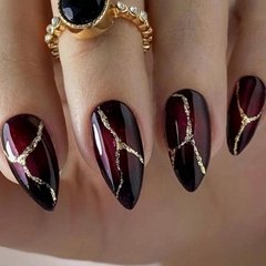 Fake Nails With Design Almond Medium Stone Pattern Dark Red Glitter Fake Nails 