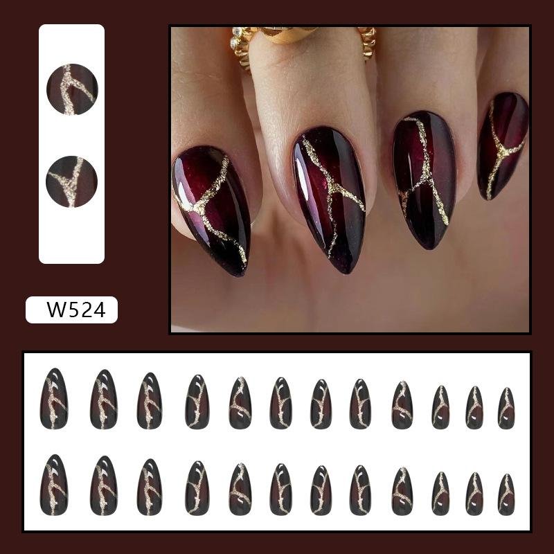 Fake Nails With Design Almond Medium Stone Pattern Dark Red Glitter Fake Nails  2