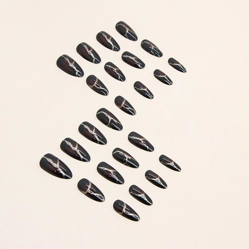 Fake Nails With Design Almond Medium Stone Pattern Dark Red Glitter Fake Nails  3