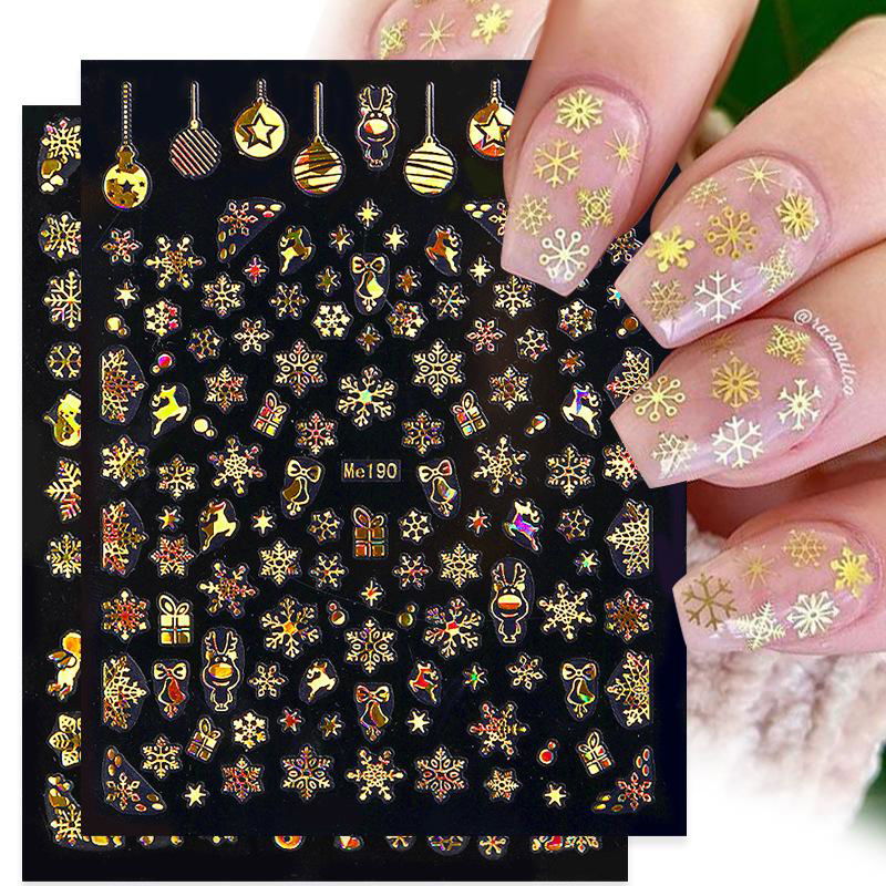 Xmas Laser Gold Plated Nail Stickers  Elk Snow Flake Nail Tips 