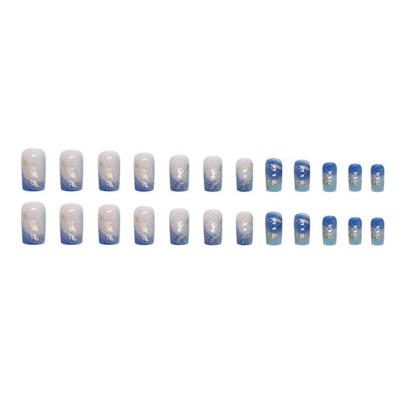 Square False Nails Cool Blue Wave Press On Nails Wearable Nails Fake Nails  3
