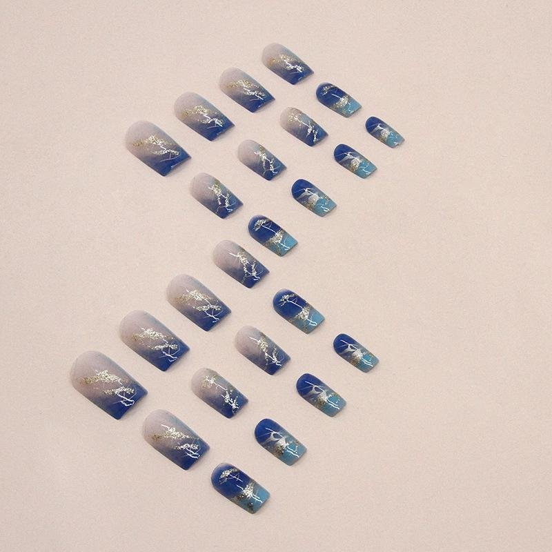 Square False Nails Cool Blue Wave Press On Nails Wearable Nails Fake Nails  5