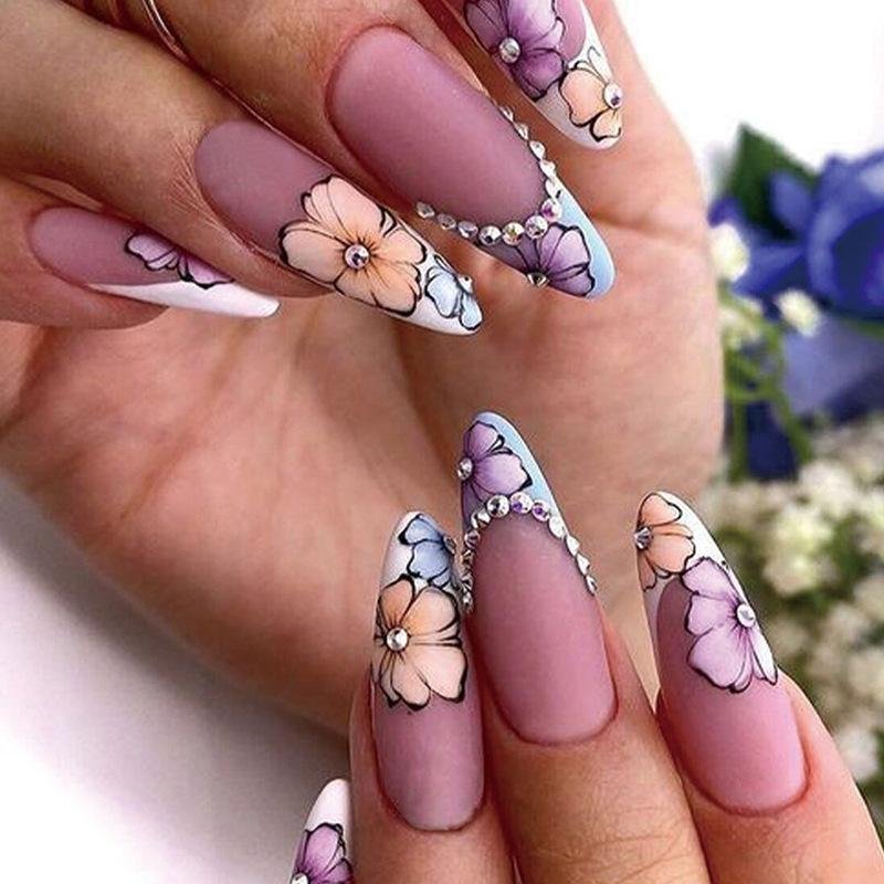 Almond Press On Nails Elegant Fflowers Glue On Nails Middle Length 