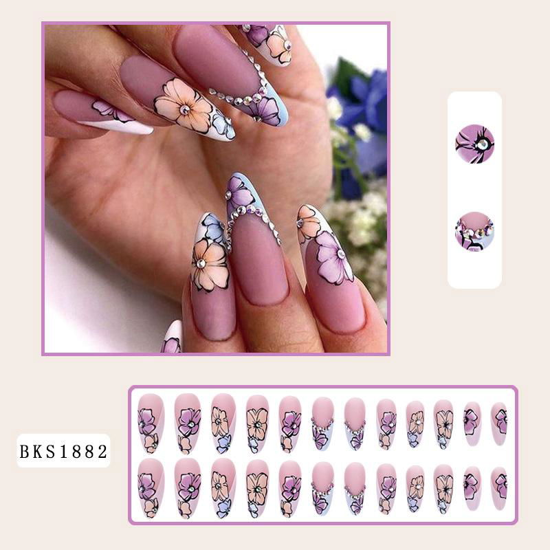 Almond Press On Nails Elegant Fflowers Glue On Nails Middle Length  4