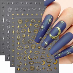 Sun Moon Star Nail Stickers Self Adhesive Silver Gold Nail Decals Nail Tips 