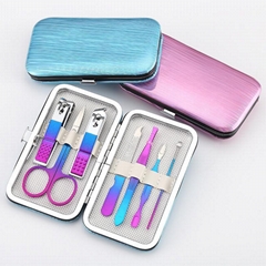 Manicure Set 7 in 1  Blue Purple Gradient Color Pu Leather Case Pink & Blue