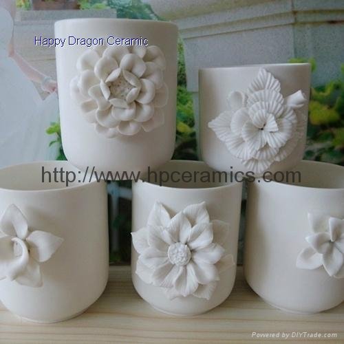 Mat White ceramic candle jars with flower,candle cups