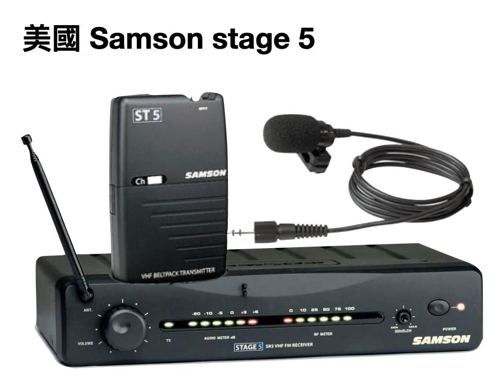 SAMSON Stage 5H - VHF Handheld Wireless System •Great RF reception for interference-free performance •Half-rack VHF receiver design •Dual conversion design and onboard noise reduction •XLR and 1/4-inch outputs •1/4-inch to 1/4-inch cable included •Easy to read battery and signal level meter •HT5 operates for 10 hours on single 9-volt battery (included) •AC adapter included 