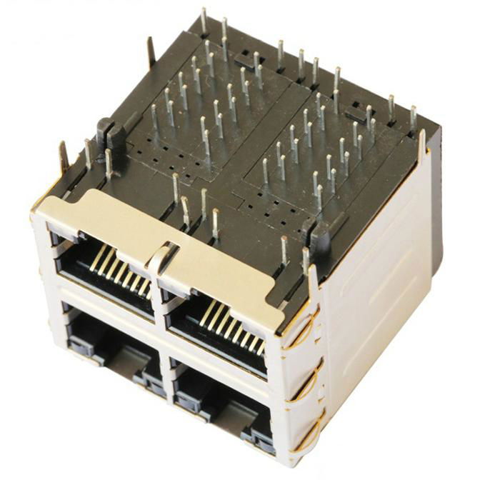 0879-2C2R-54 | 2X2 RJ45 Connector with 1000 Base-T Integrated Magnetics with EMI 5