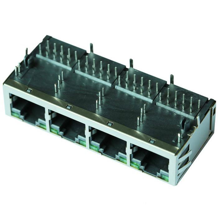 XMH-9774-T0I41D1-223 | 1X4 RJ45 Connector with 1000 Base-T Integrated Magnetics