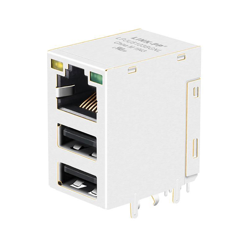 8P8C RJ45 Connector  with DUAL USB with 10/100 Base-T Integrated Magnetics, Gree 3