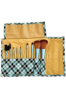 9 PCS Blue Check Facial Makeup Brush set Kit Case fashion women  2