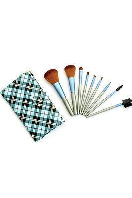 9 PCS Blue Check Facial Makeup Brush set Kit Case fashion women  3