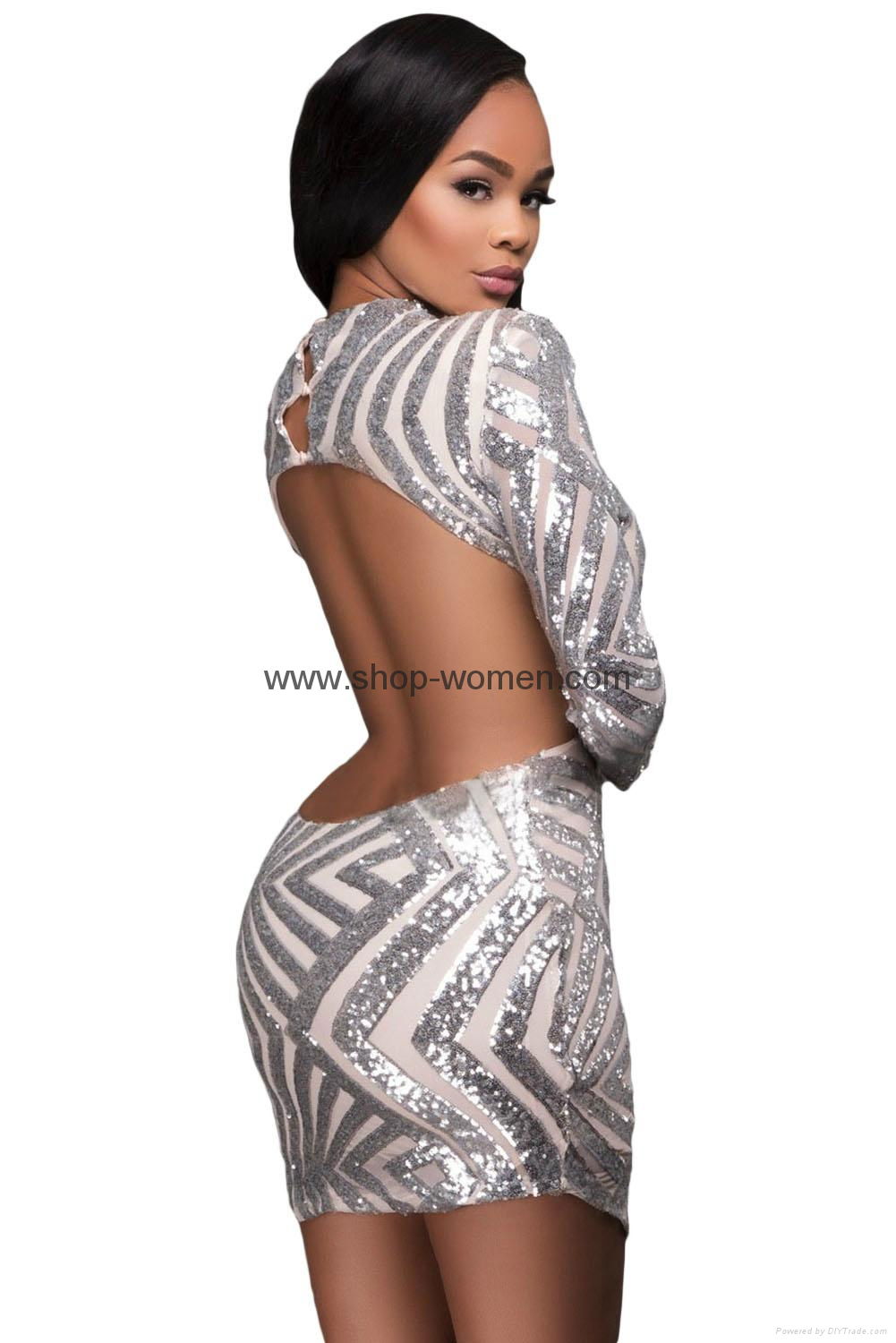 3/4 Sleeve Shining Sequined Bodycon Backless Dress