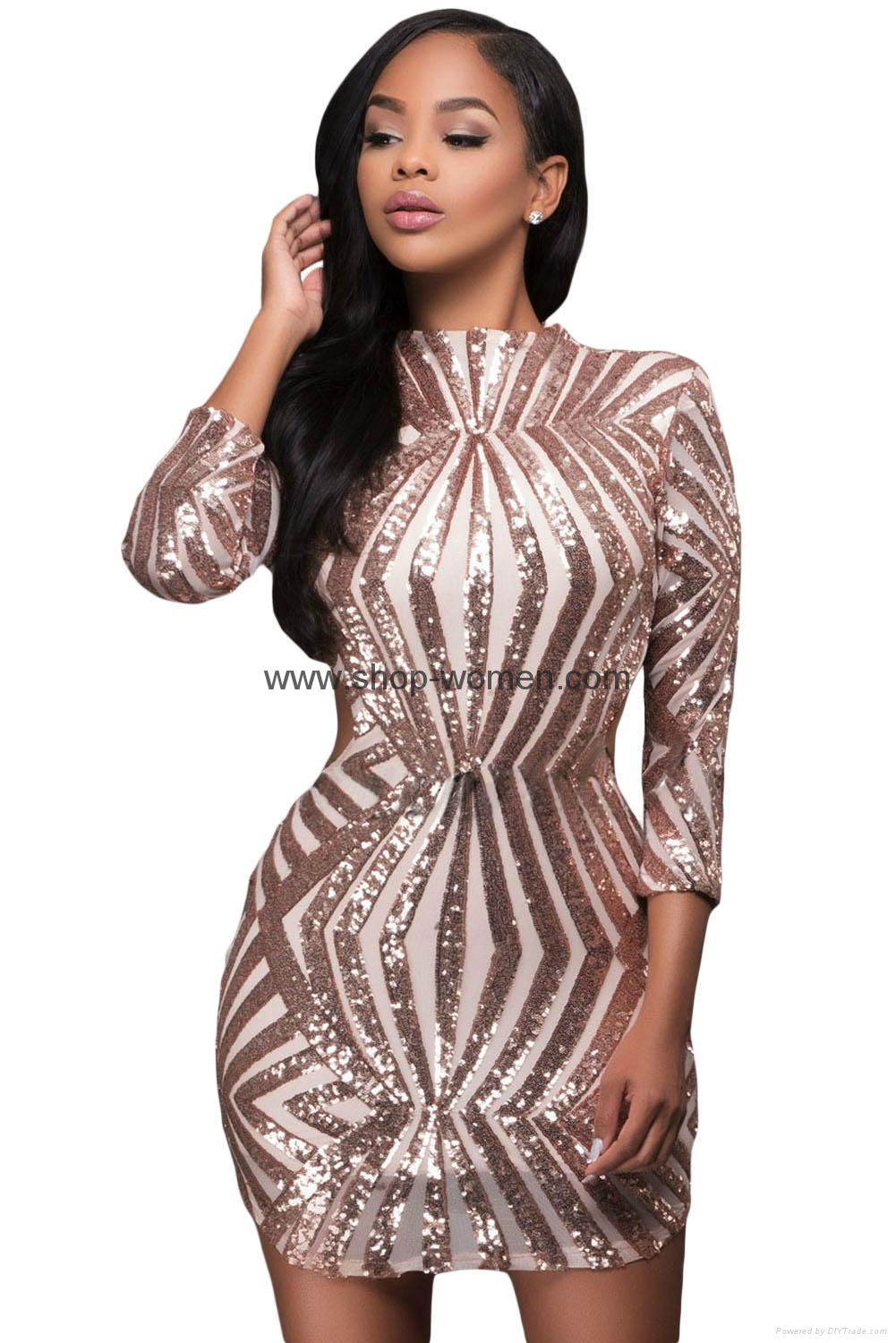3/4 Sleeve Shining Sequined Bodycon Backless Dress 4