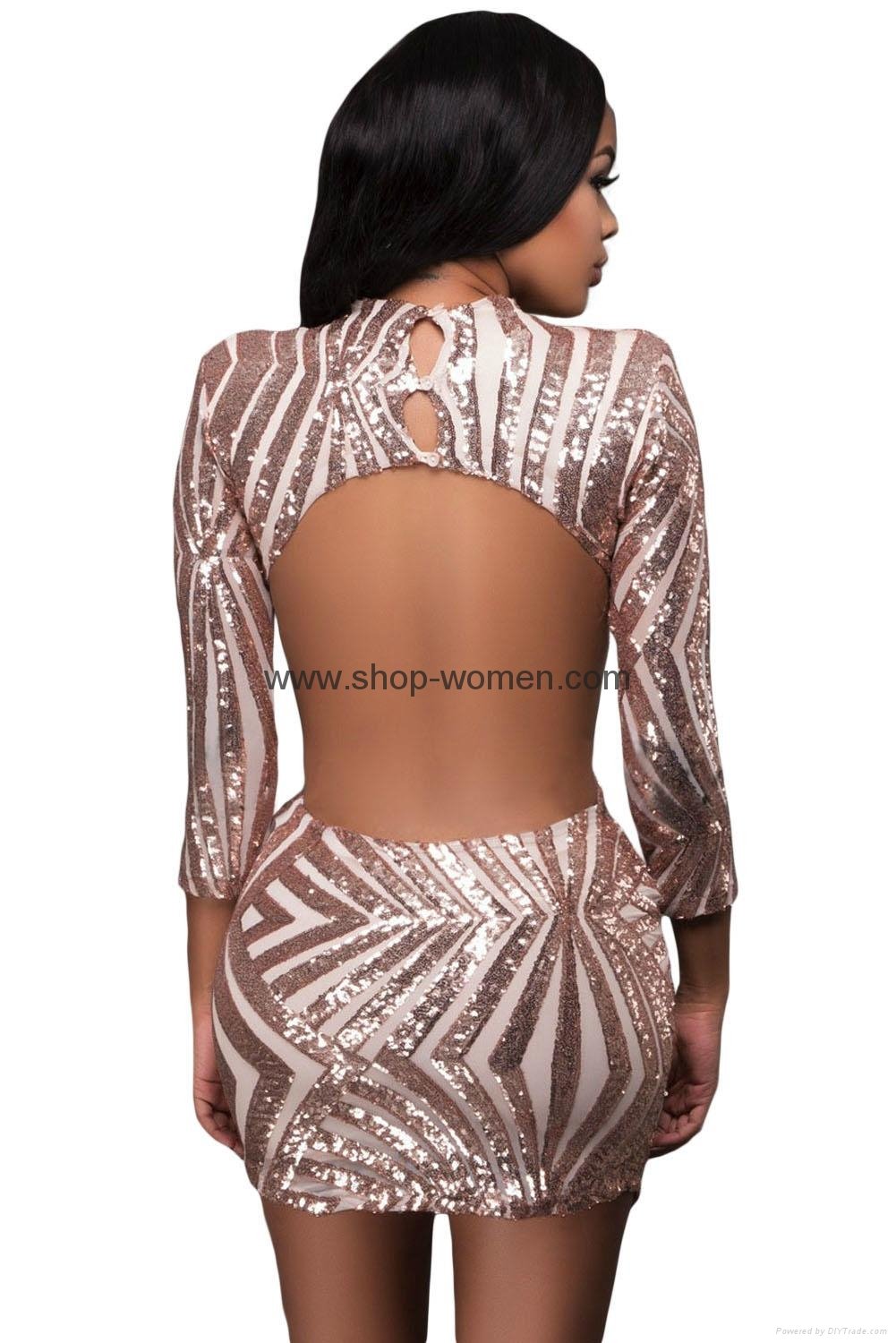 3/4 Sleeve Shining Sequined Bodycon Backless Dress 5