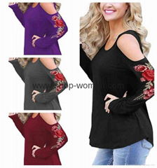 Women Cold Shoulder Rose Embroidered Long Sleeve Loose T- Shirt 