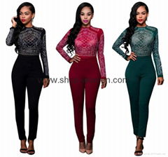 Long Sleeve Rhinestone Mesh Bodice Jumpsuit