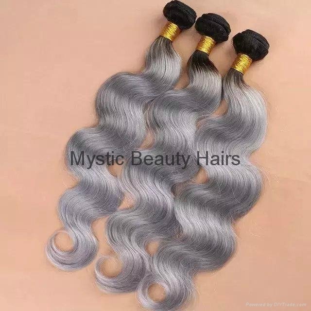 Unprocessed Human Hair Body Wave Wavy Hair Weaves T1B/Grey Color 2
