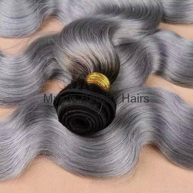 Unprocessed Human Hair Body Wave Wavy Hair Weaves T1B/Grey Color 3