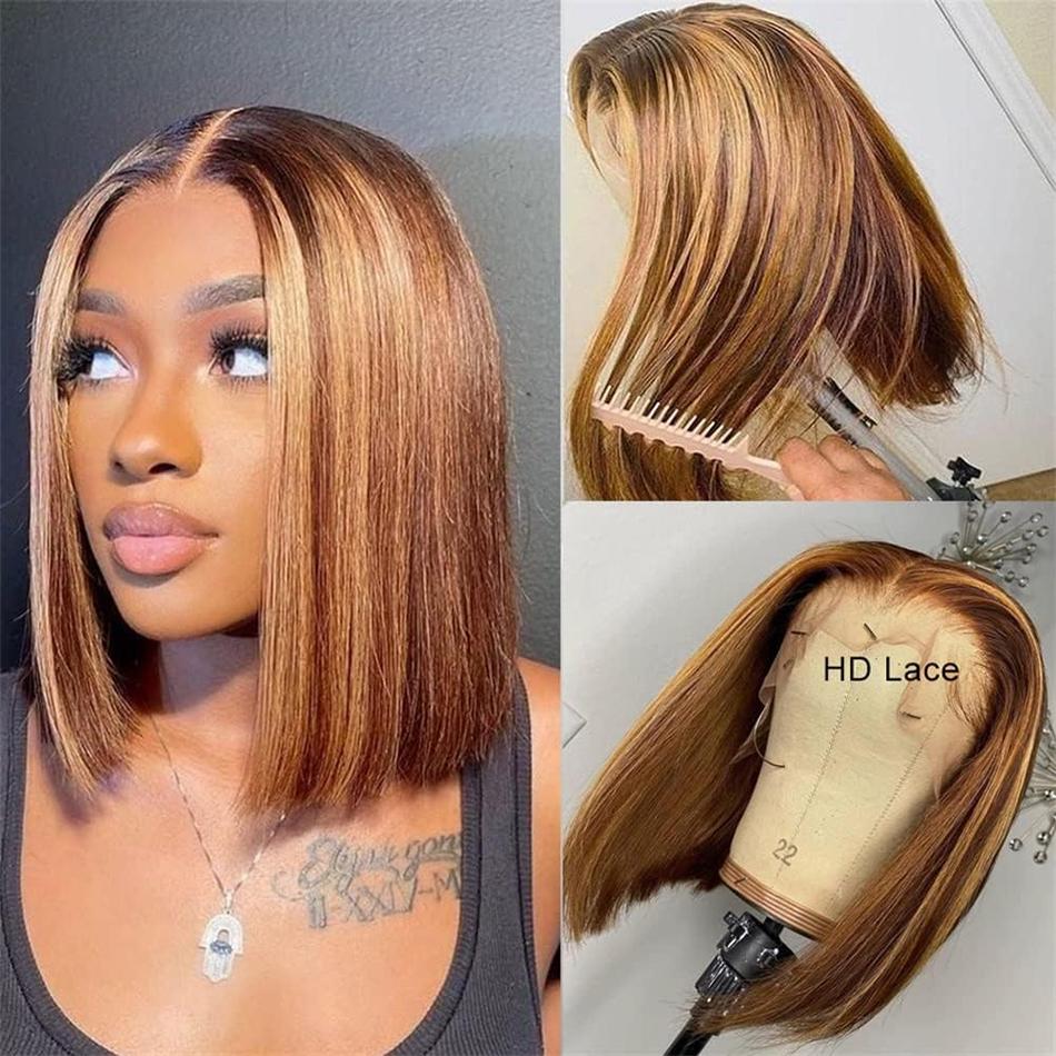 100% Brazilian Human Hair P4/27 Highlight Color 13*4 Full Lace Frontal Bob Wig