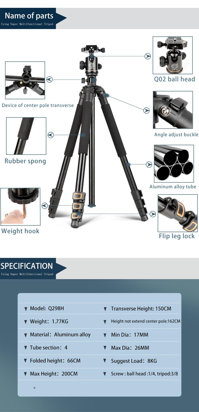 Q298H 78.7inch camera tripod 2020 new digital stand &transverse with ball head 2