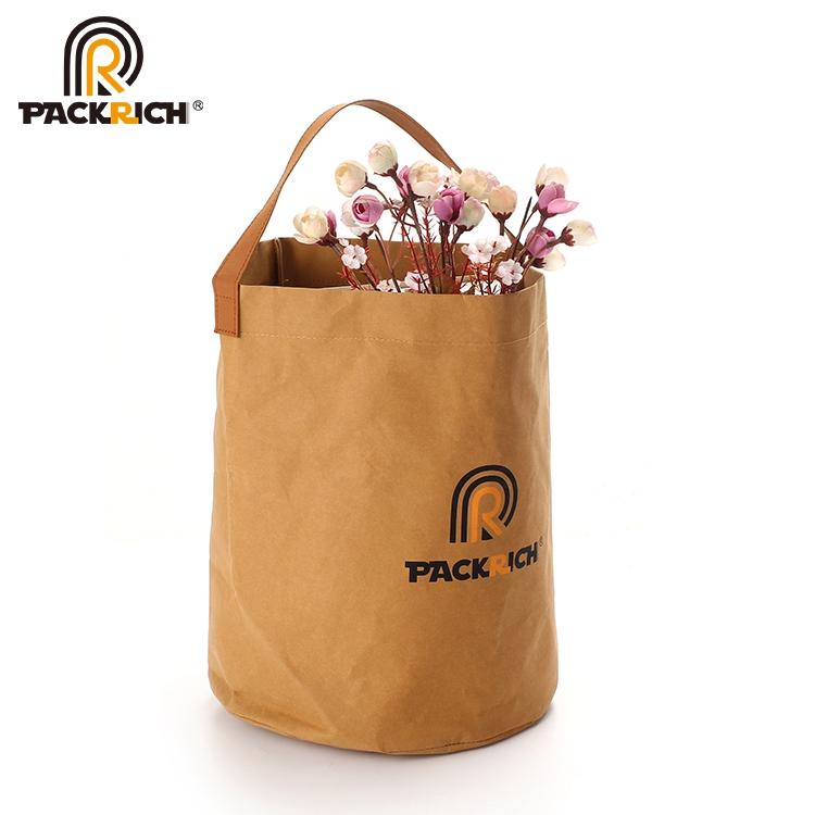 New Arrival Customized Logo Kraft Bucket Bag/Round Durable Washable Kraft Paper 