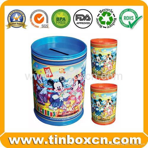 Round tin with coin bank slot