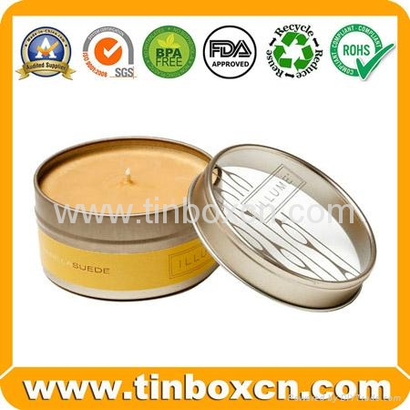 Round tin candle container with clear pvc window