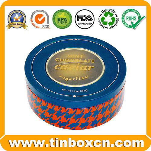 Round chocolate mint caviar tin with clear window