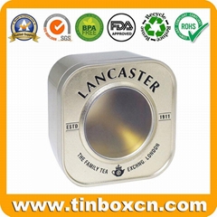 Square tea tin box with window