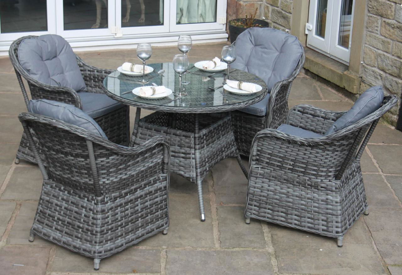 LUXURY GREY RATTAN 4 SEAT ROUND DINING SET