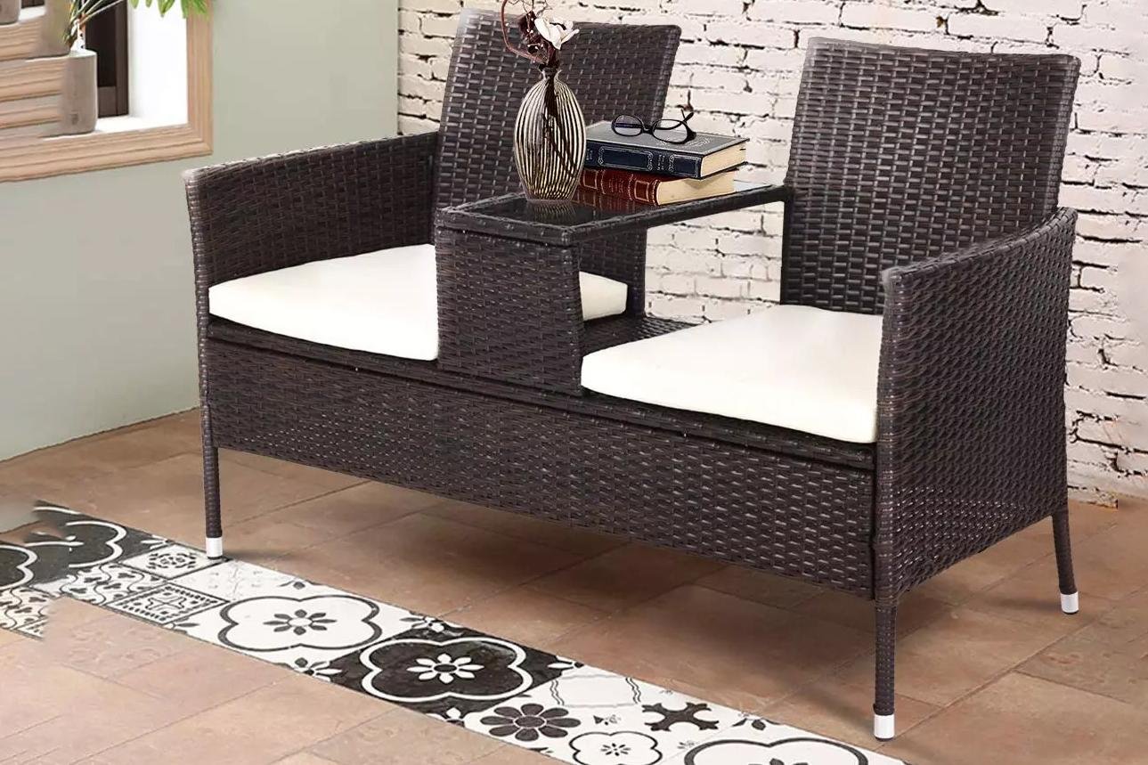  Garden Rattan Set Wicker Furniture Double Seat Sofa With Coffee Table Set 4