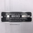 Custom embossed aluminum firedoor nameplate with laser engraved serial number 1