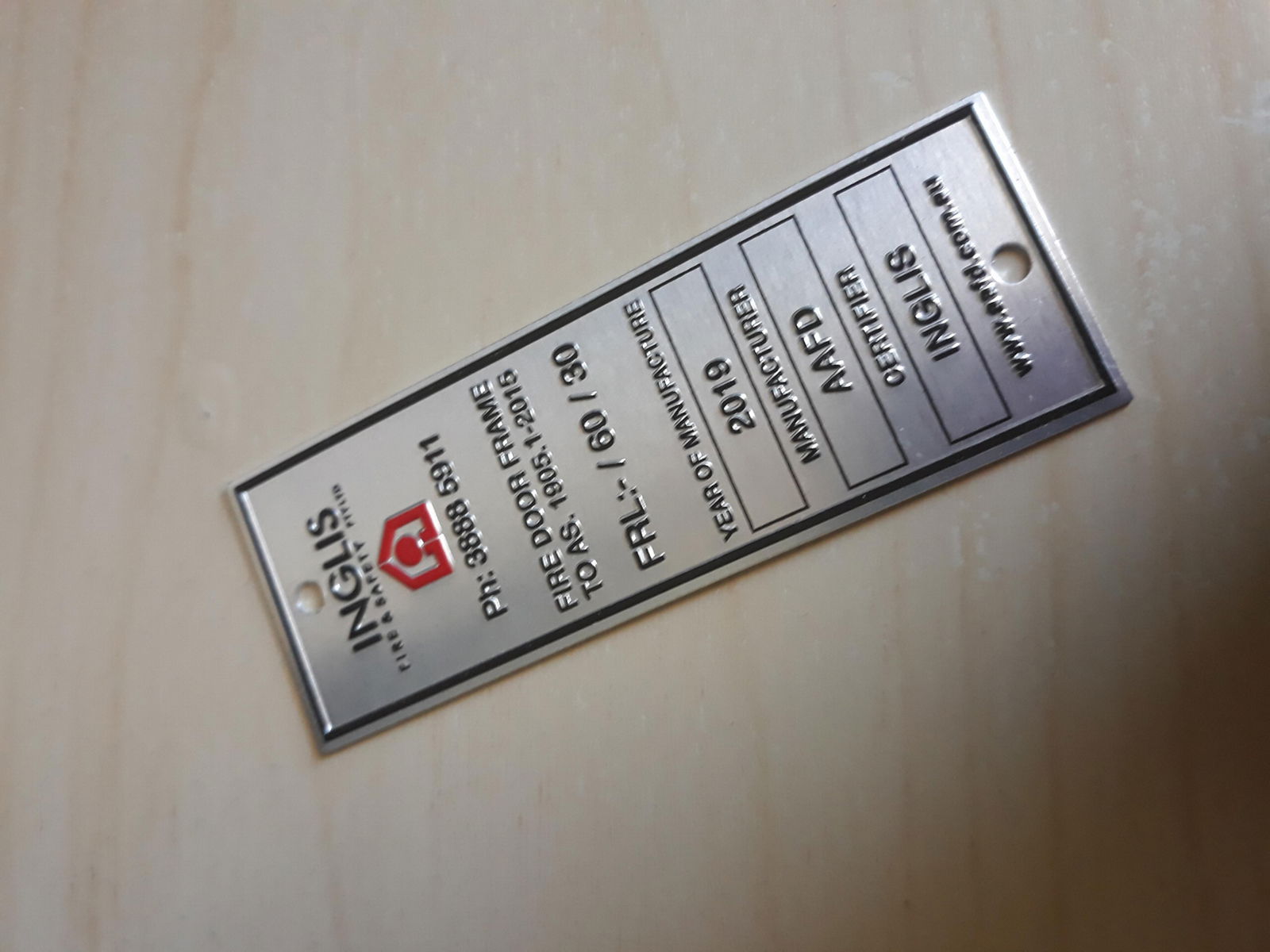 Custom embossed aluminum firedoor nameplate with laser engraved serial number 3