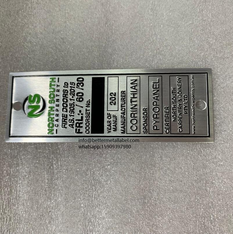Custom embossed aluminum firedoor nameplate with laser engraved serial number 5