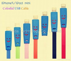 For Apple iPhone 5 LED Smile Face USB Data Sync Charger Flat 1m Colorful Cable