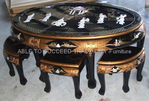 Mother of pearl inlaid oval coffee table set
