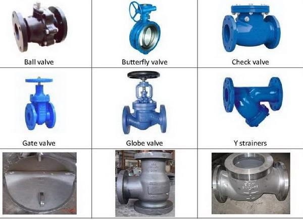 gate valve, check valve, ball valve, globe valve, butterfly valve, Y strainers, 
