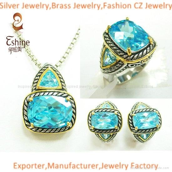 Wholesale Yurman style Brass jewelry Designer inspired jewelry set with Aqua CZ 