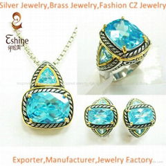 Wholesale Yurman style Brass jewelry Designer inspired jewelry set with Aqua CZ 